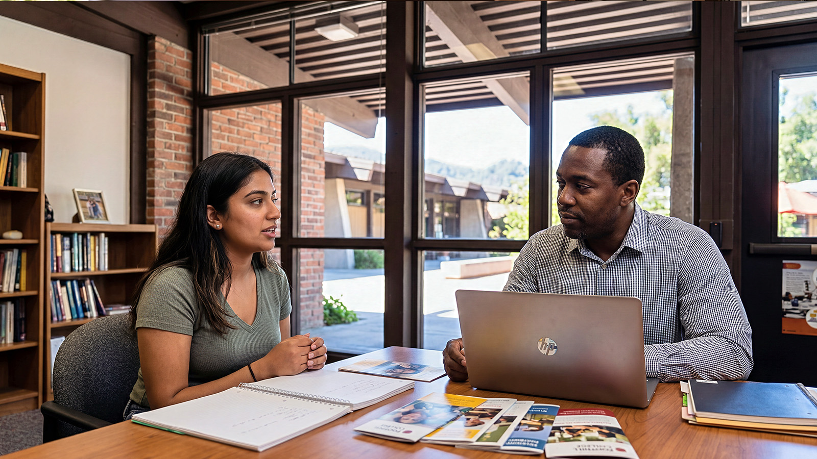 Student meeting one-on-one with a staff member, discussing resources and support services at a campus office table with informational materials.